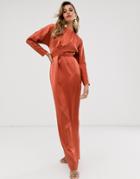 Asos Design Maxi Dress With Batwing Sleeve And Wrap Waist In Satin-brown