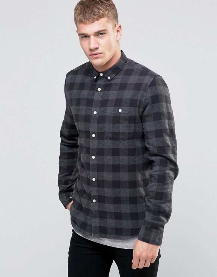 Asos Buffalo Check Shirt In Grey Marl With Long Sleeves In Regular Fit - Gray