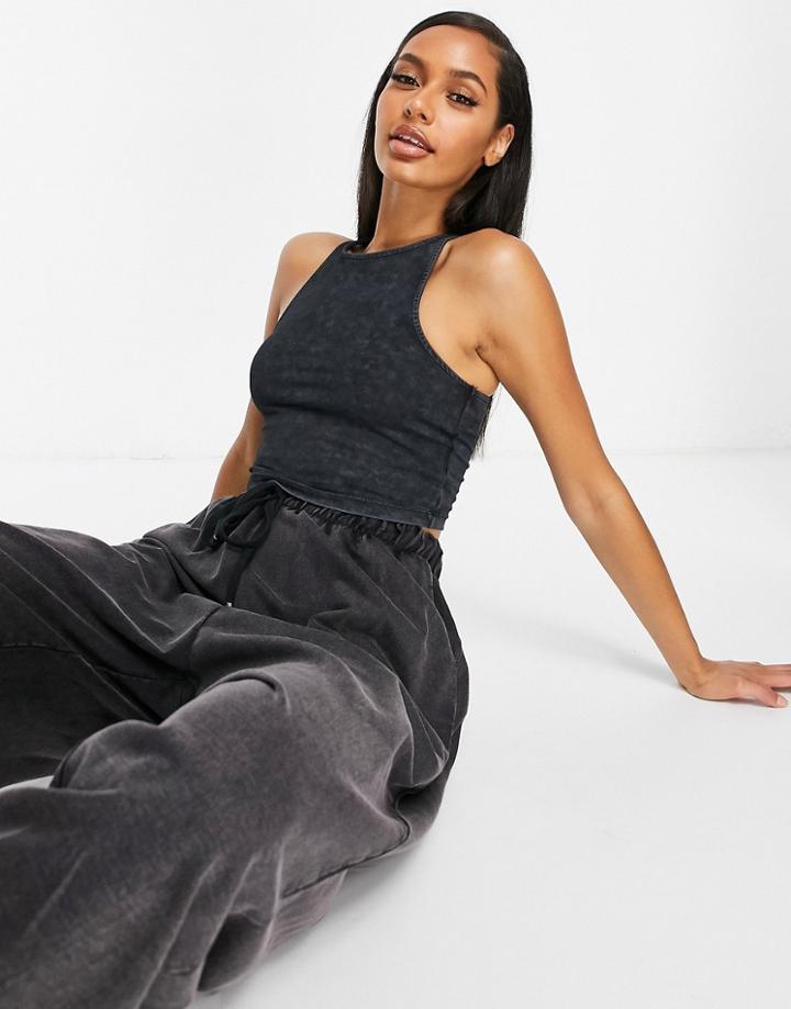 Asos Design Racer Back Crop Top In Washed Black-grey
