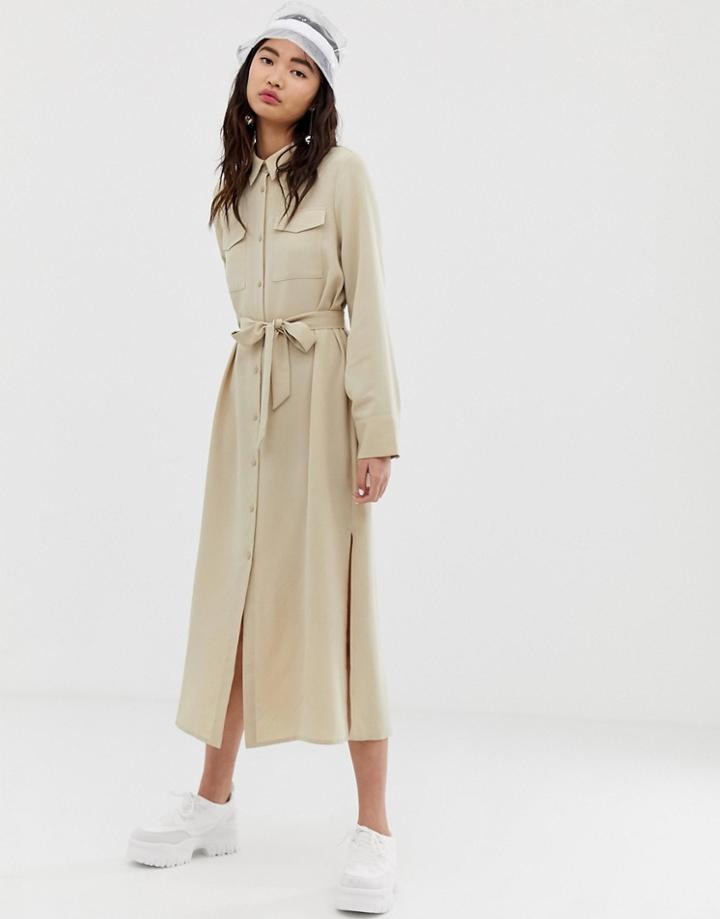 Monki Utility Midi Shirt Dress In Beige-navy