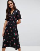 Influence Shirred Sleeve Floral Midi Dress With Button Down Front - Black