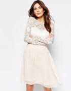 Little Mistress Skater Dress With Lace Overlay And Long Sleeves