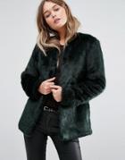 New Look Collarless Faux Fur Coat - Green
