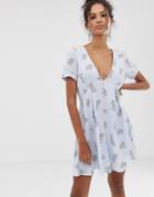 En Cr Me Floral Tea Dress With Tie Sleeve Detail - Blue