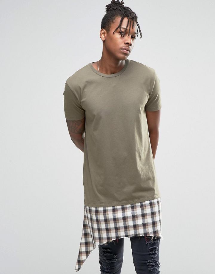 Asos Extreme Longline T-shirt With Shredded Check Hem Extender In Khaki - Khaki