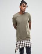 Asos Extreme Longline T-shirt With Shredded Check Hem Extender In Khaki - Khaki
