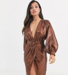 Asos Design Petite Midi Dress With Blouson Sleeve And Belt In Irridescent Sheet Sequin