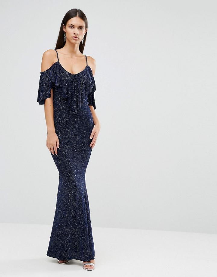 City Goddess Maxi Dress With Frill Overlay - Navy