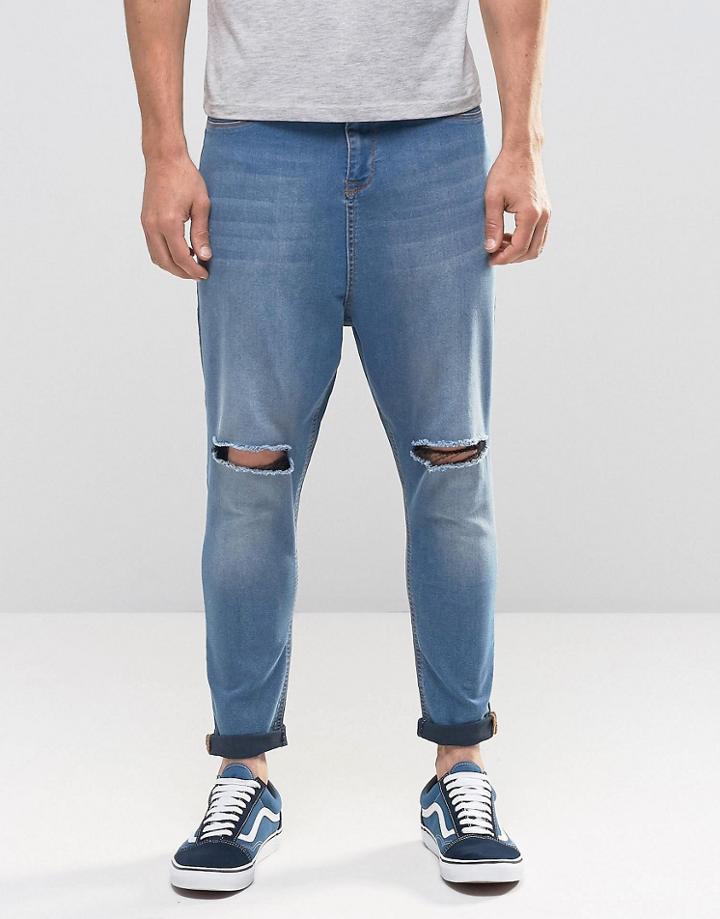 Asos Spray On Drop Crotch Jeans With Knee Rips In Mid Blue - Mid Blue