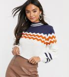 Wild Honey Relaxed High Neck Sweater With Zig Zag Intarsia-cream