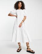 Asos Design Cotton Poplin Gathered Tiered Midi Dress In White