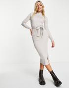 New Look Tie Waist Knitted Dress In Oatmeal-white