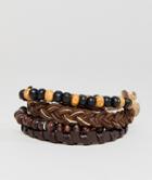 Asos Design Brown Leather And Beaded Bracelet Pack - Brown