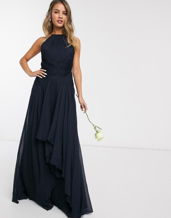Asos Design Bridesmaid Pinny Maxi Dress With Ruched Bodice And Layered Skirt Detail-navy