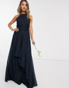 Asos Design Bridesmaid Pinny Maxi Dress With Ruched Bodice And Layered Skirt Detail-navy