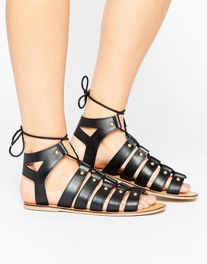 London Rebel Stud Leather Ghillie Sandal - Black