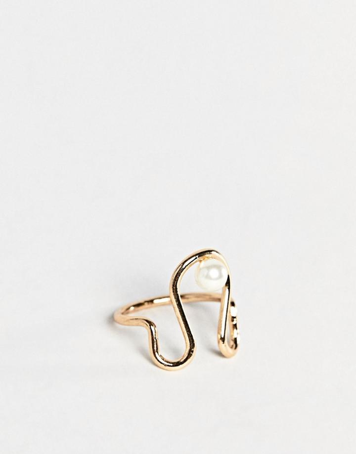 Asos Design Ring In Swirl Shape With Faux Freshwater Pearl In Gold - Gold