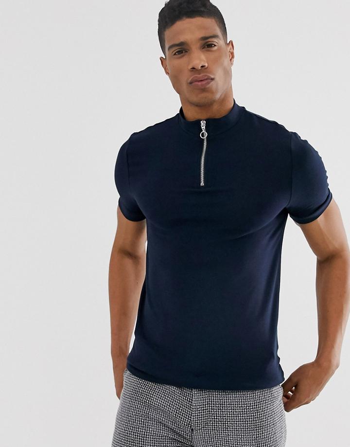 Asos Design Organic Muscle Fit Zip Turtleneck T-shirt In Navy - Navy