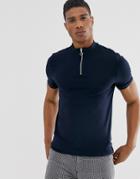 Asos Design Organic Muscle Fit Zip Turtleneck T-shirt In Navy - Navy