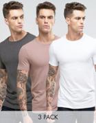 Asos 3 Pack Muscle Fit T-shirt In White/charcoal Marl/pink With Crew N
