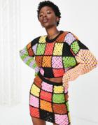 The Ragged Priest Oversized Cropped Sweater In Rainbow Crochet Patchwork - Part Of A Set-multi