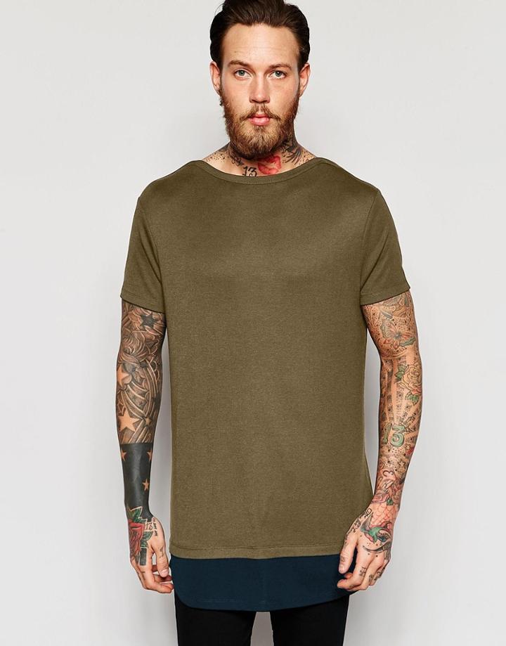 Asos Super Longline T-shirt With Scoop Neck And Contrast Hem In Khaki - Khaki
