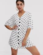 Asos Design V Neck Button Through Mini Smock Dress In Mono Spot - Multi