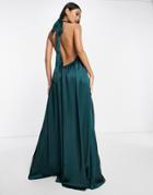 Asos Design Satin Halter Neck Backless Wide Leg Jumpsuit In Dark Teal-green