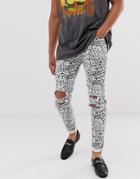 Asos Design Super Skinny Jeans In Leopard Print With Rips-white