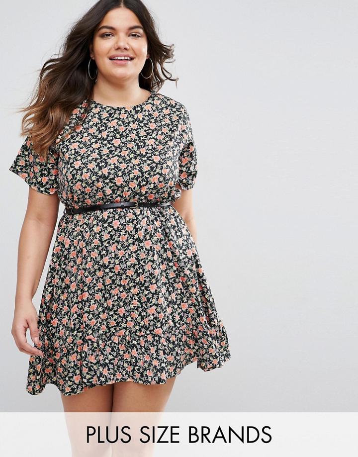 Yumi Plus Skater Dress With Frill Hem In Floral Print - Black