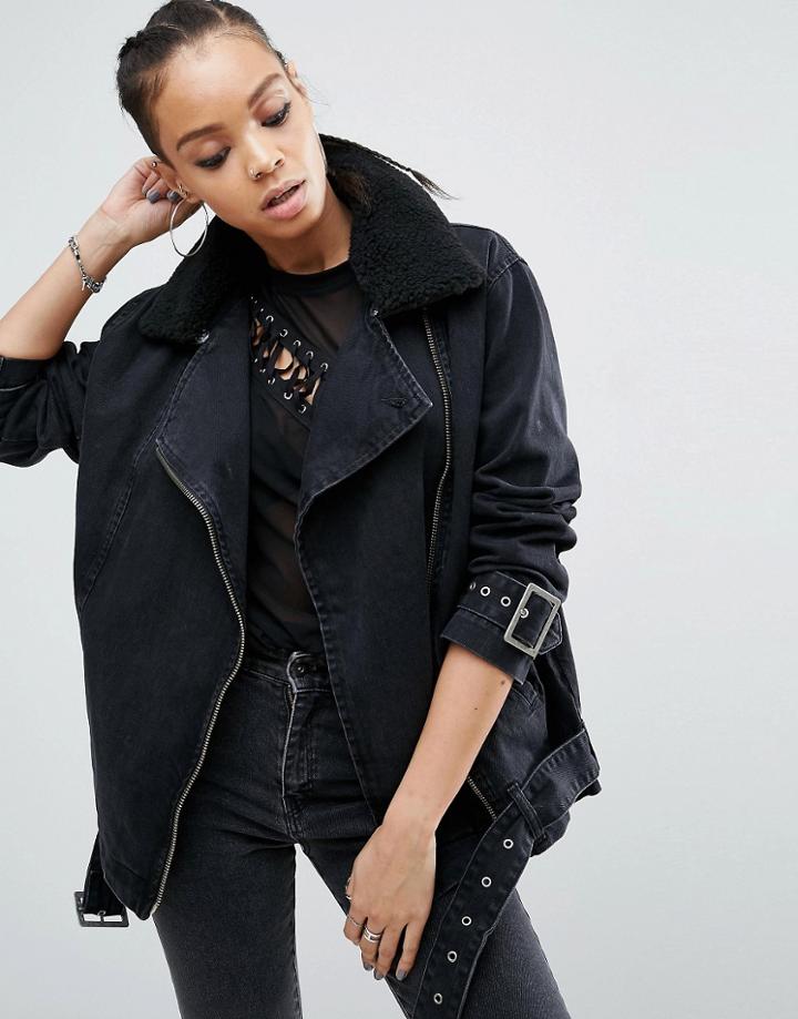 Asos Denim Biker Jacket In Washed Black With Detachable Fleece Collar - Black