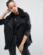 Asos Denim Biker Jacket In Washed Black With Detachable Fleece Collar - Black