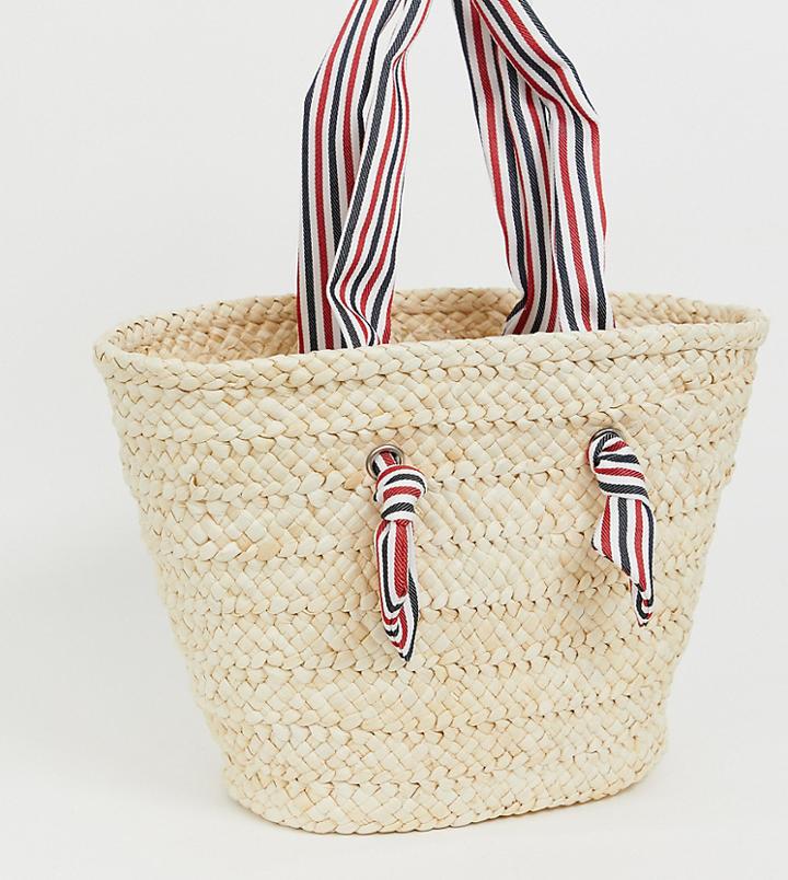 South Beach Straw Beach Bag With Striped Handle - Beige