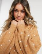 Asos Design Sweater With Contrast Pom-pom Detail In Camel-neutral
