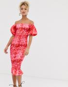 Never Fully Dressed Off Shoulder Blouson Sleeve Shirred Midi Dress In Pink Abstract Print-multi
