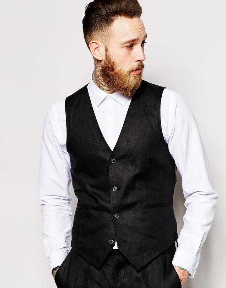 Asos Slim Fit Vest In 100% Linen - Black