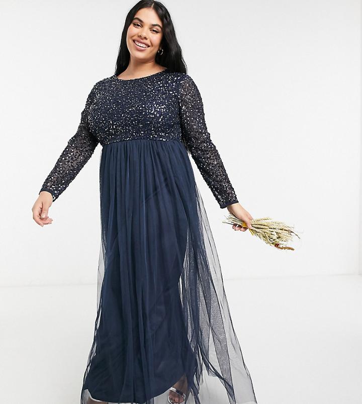 Maya Plus Bridesmaid Long Sleeve Maxi Tulle Dress With Tonal Delicate Sequin In Navy