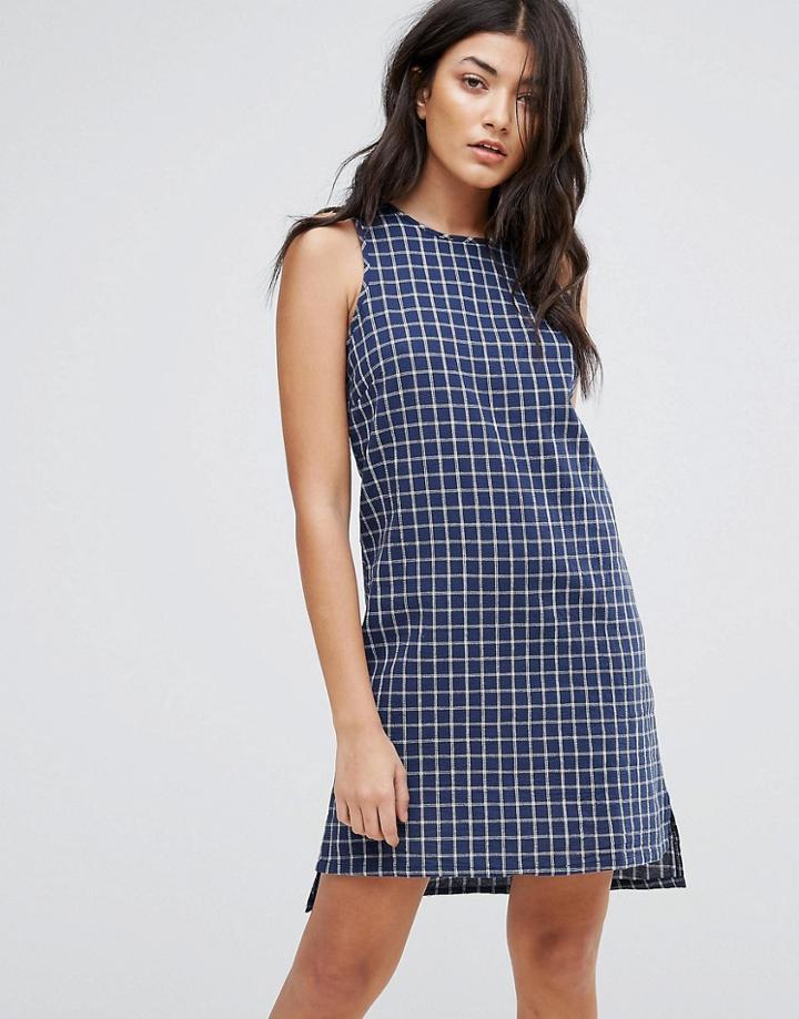 Native Youth Grid Print Shift Dress - Blue