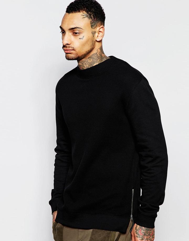 Asos Waffle Sweatshirt With Side Zips In Black - Black