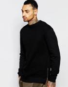 Asos Waffle Sweatshirt With Side Zips In Black - Black