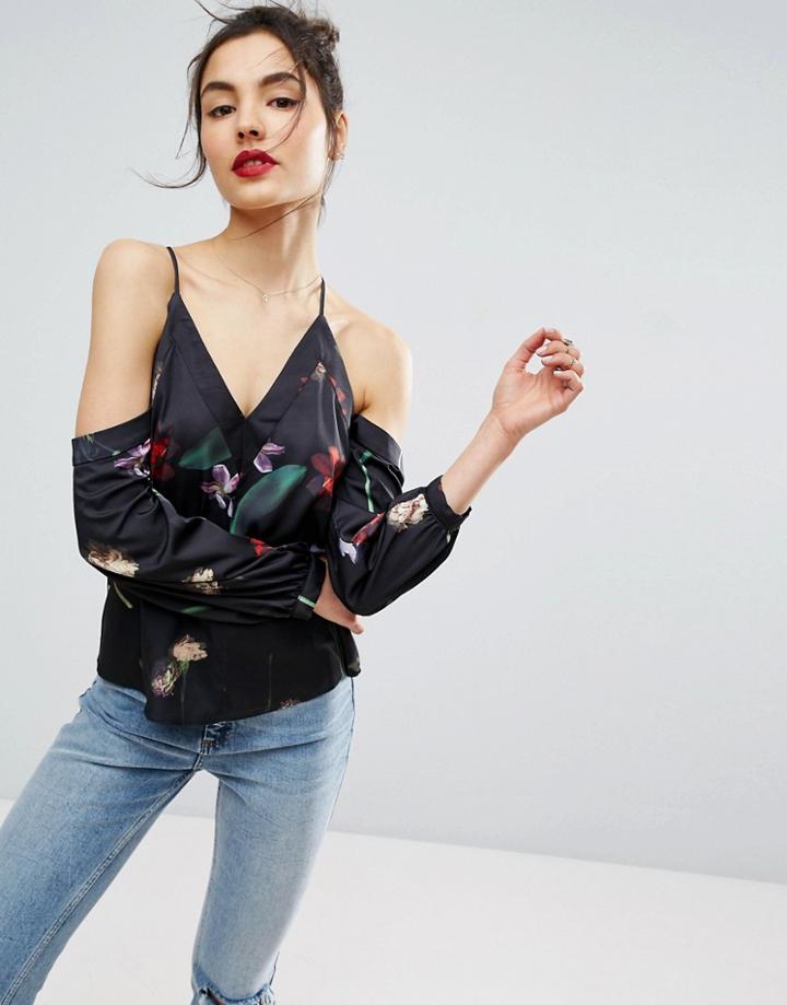 Asos Cold Shoulder Satin Top In Photographic Floral - Multi