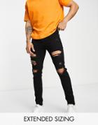 Asos Design Skinny Jeans In Clean Black With Heavy Rip Detail