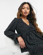 Asos Design Long Sleeve Top With Ruched Front Detail In Dot Print-multi