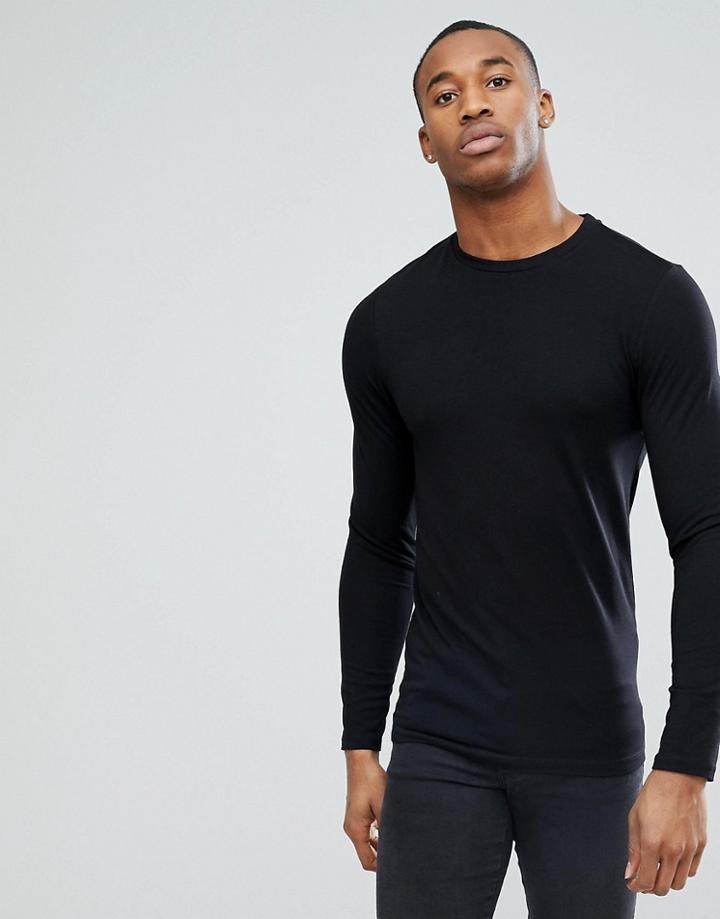 Asos Design Muscle Fit Long Sleeve T-shirt With Crew Neck In Black - Black