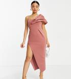 Asos Design Petite One Shoulder Seamed Bust Midi Dress With High Leg Slit In Rose-pink