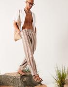 Asos Design Linen Mix Oversized Tapered Pants In Beige Stripe-neutral