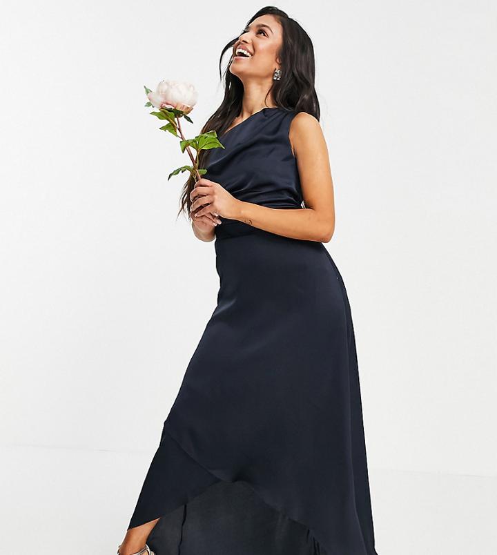 Tfnc Petite Bridesmaid One Shoulder Maxi Dress In Navy-pink