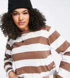 Asos Design Curve Boxy T-shirt In White And Brown Stripe-multi