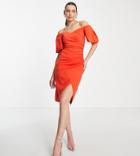 Asos Design Tall Sweetheart Neck Wrap Tuck Off Shoulder Bardot Midi Dress In Red