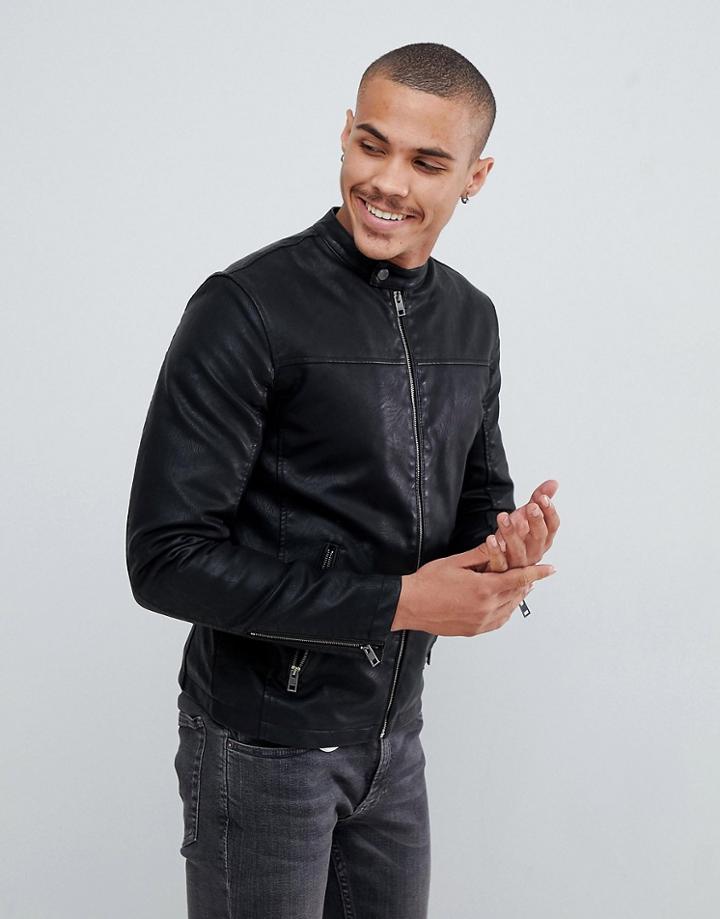 Solid Faux Leather Jacket With Pockets - Black